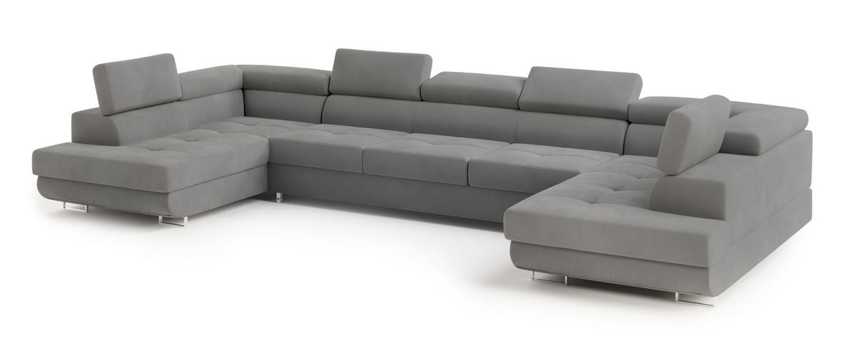 WOHNLANDSCHAFT ISOLANO Grau Velours-Stoff mit Schlaffunktion - Grau, Holz (408/90/202cm) - MASSENO