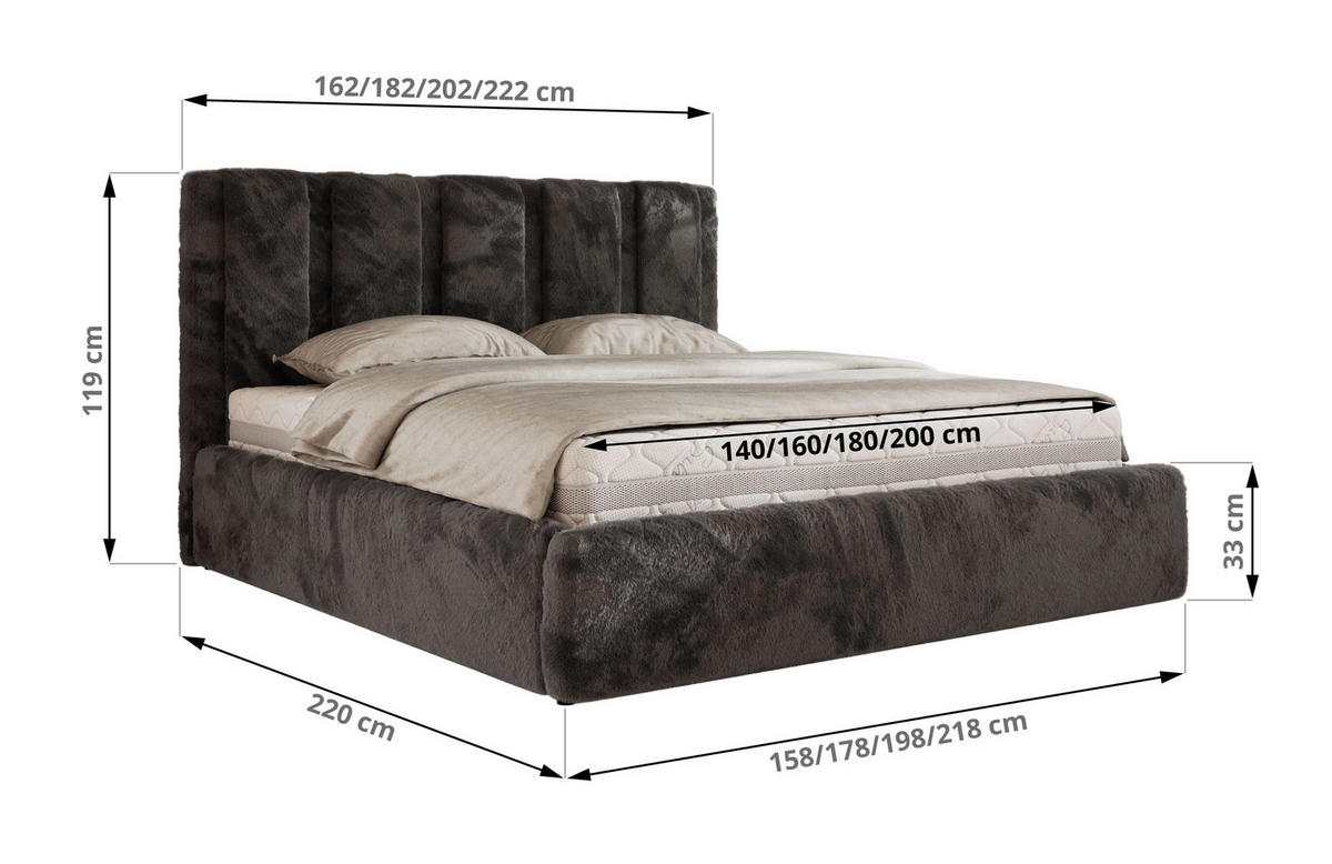 POLSTERBETT SAVINO CLASSIC 140/200 - Dunkelgrau Plüsch - Schaum-Matratze - Dunkelgrau, Textil (140/200cm) - MKS