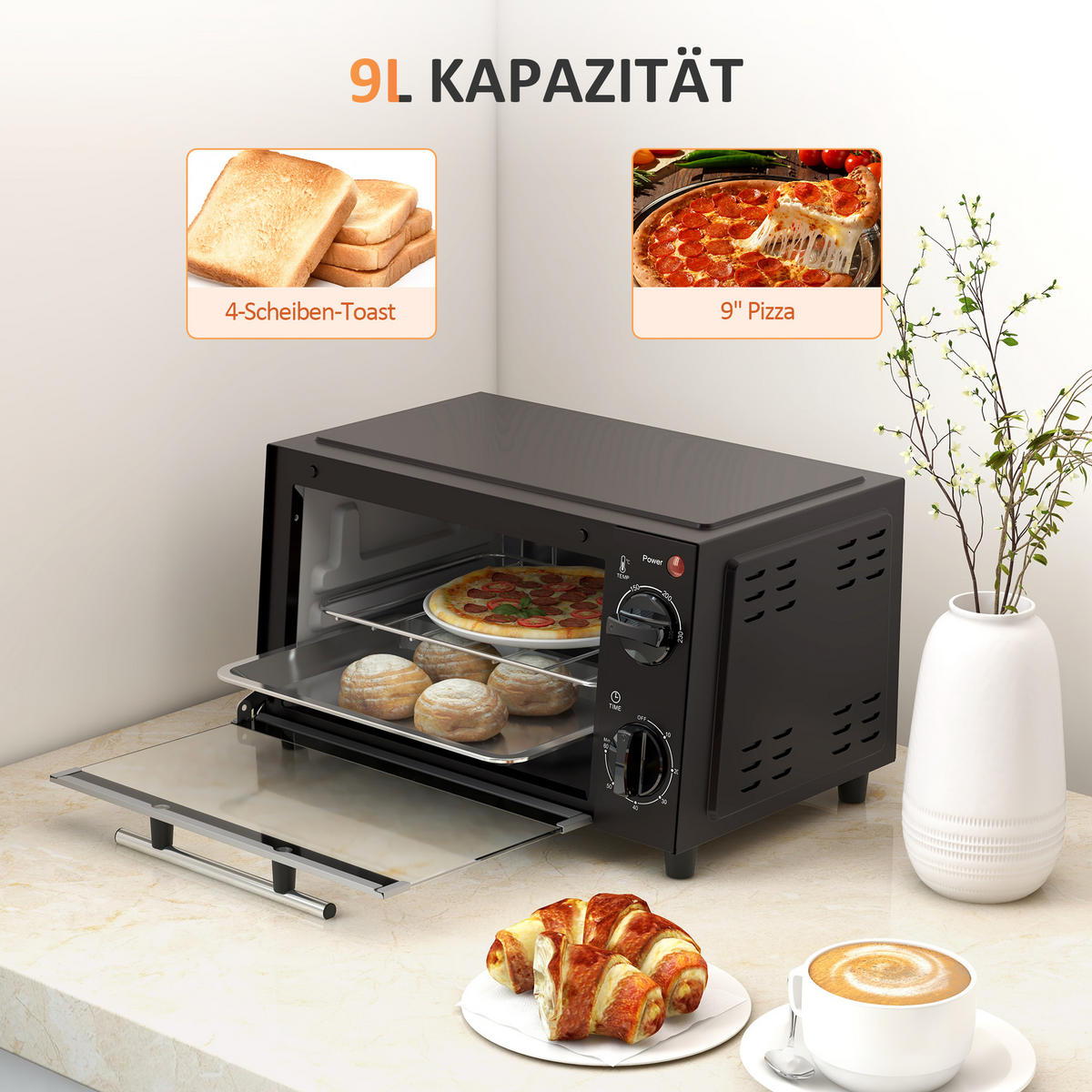 MINIBACKOFEN 9L 750W Mini Ofen mit Backblech & Grillrost, Einstellbare Temperatur 100-230°C, 60 Min. Timer, Schwarz - Schwarz, Metall (35/20/24.6cm) - Beaface