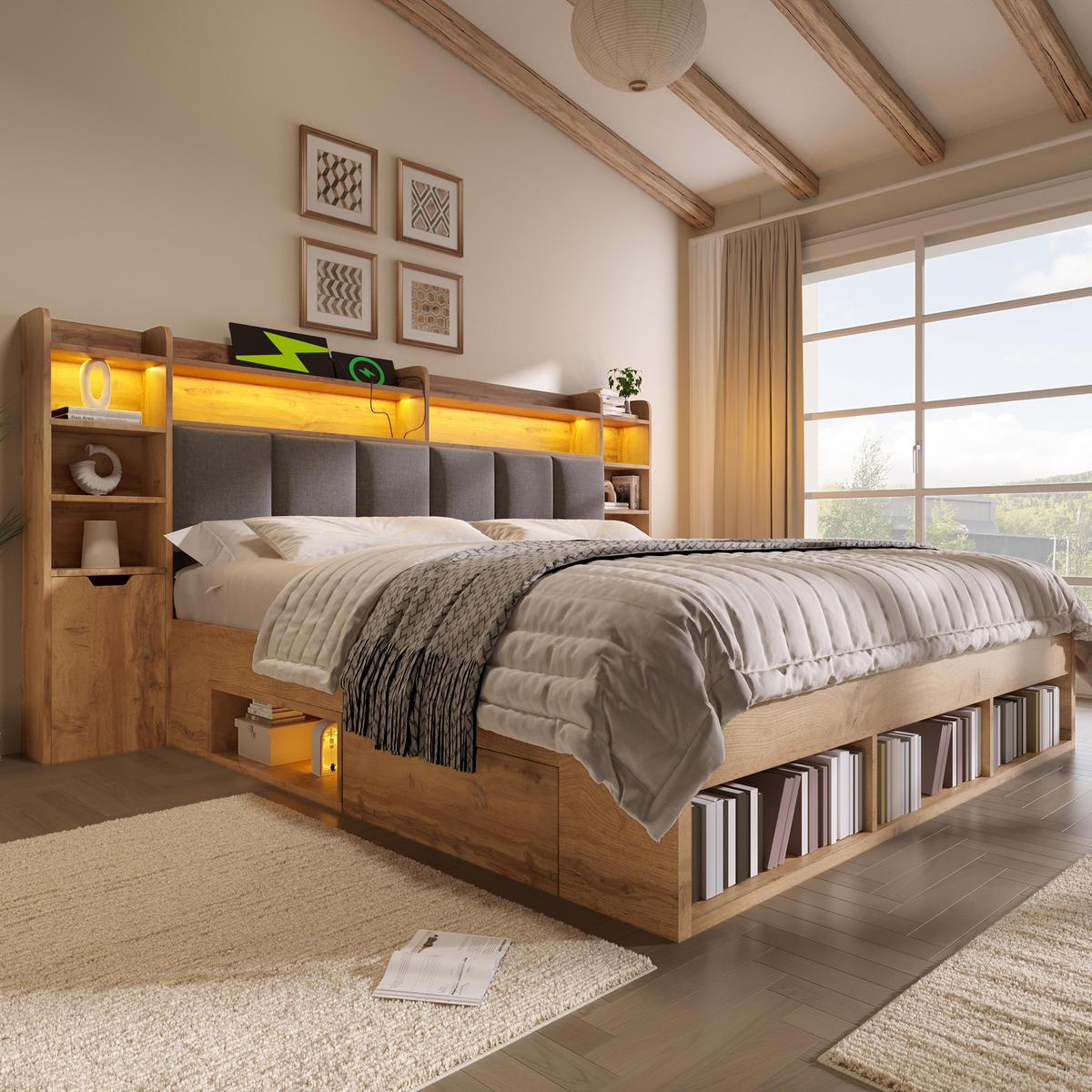 BETT 160/200 cm in Eichefarben mit LED, USB, Type-C und Schubladen - Naturfarben, Holzwerkstoff/Metall (160/200cm) - WISHDOR