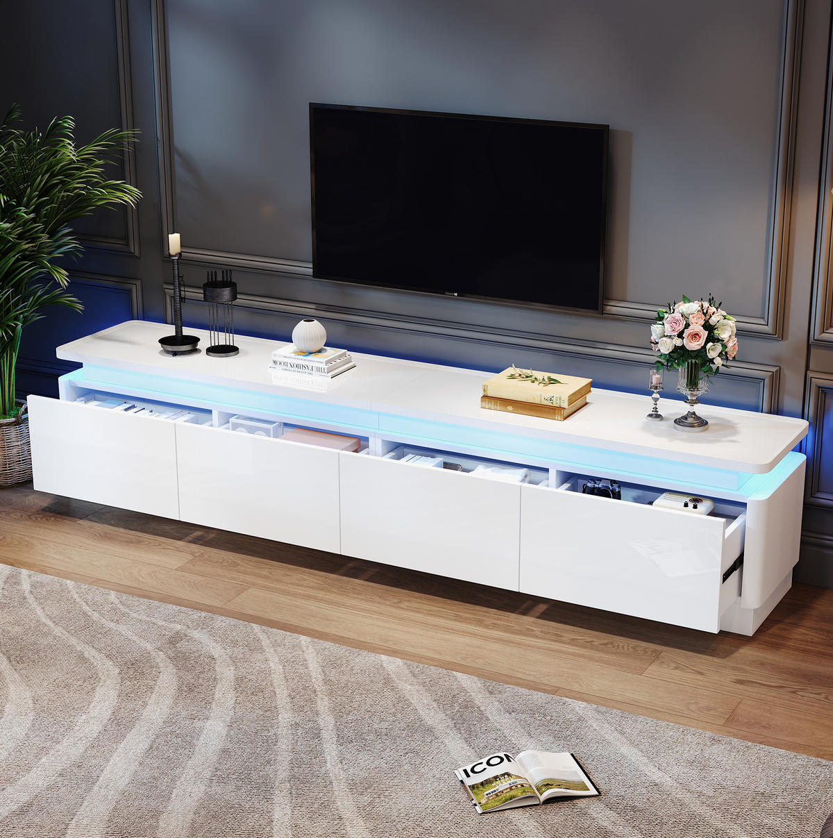 TV-SCHRANK mit 4 Schubladen, Hochglanz und dimmbarer LED 180/34/40 cm - Weiß, Holzwerkstoff (180/40/34cm) - Redom