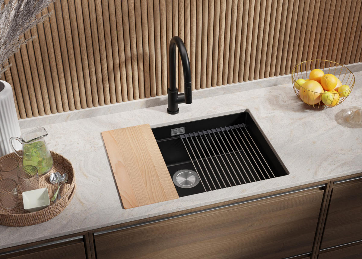 UNTERBAUSPÜLE GRANIT Praga, 2-er set Schwarz 66/47 cm 1 Becken + Ablauf-Set + Aufrollbare Abtropffläche ab 70er Unterschrank - Chromfarben/Schwarz, Kunststoff (66/20/47cm) - Primagran