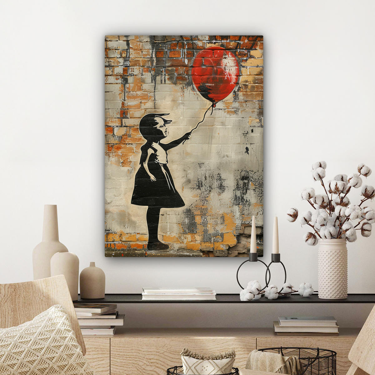 LEINWANDBILD Graffiti - Banksy - Mädchen - Straßenkunst Wandbild Wohnzimmer 60x80 cm - Sandfarben, Textil (60/80cm) - MuchoWow