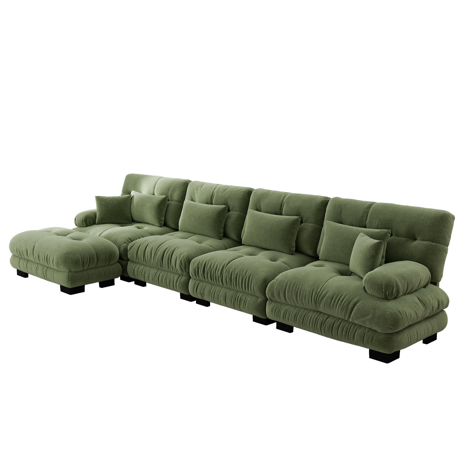 Modfu ROHOVÁ modulární pohovka z chenillu 406x145x81 cm zelená s pohyblivým taburetem a variabilním uspořádáním pro vysoké pohodlí