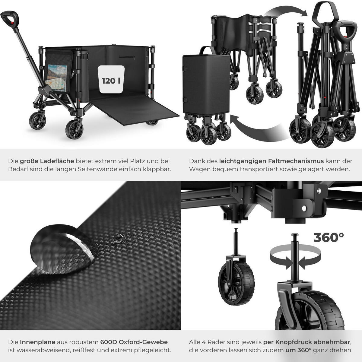 BOLLERWAGEN Smartrider, Inklusive Einlegeboden, Reflektorstreifen, Belastbarkeit 60 kg, schwarz - Schwarz, Kunststoff (47/90/83cm) - tectake