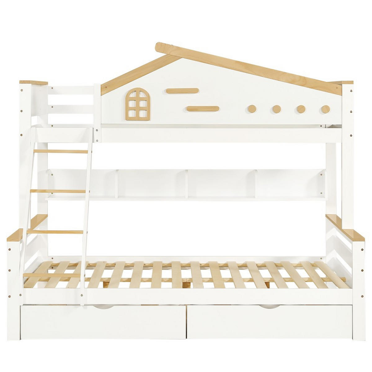 ETAGENBETT 90x200cm&140x200cm in Weiß+Natur mit Offenes Regal - Weiß, Holz (140/200cm) - KOMHTOM