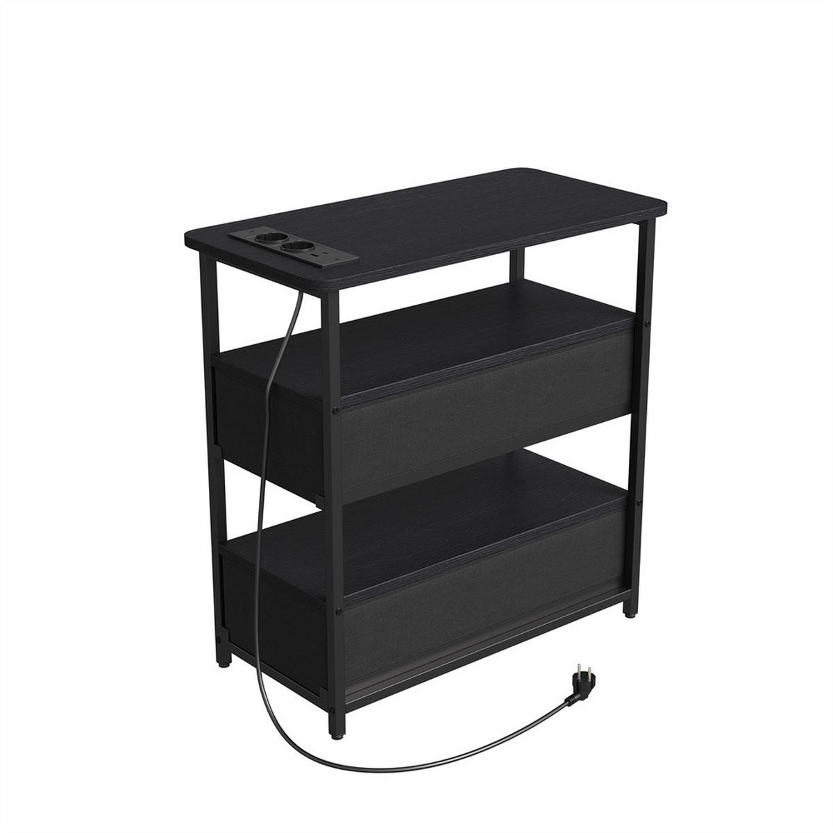 NACHTTISCH mit Ladestation & LED Beleuchtung - Schmaler Nachttisch mit offene Ablagen & 2 Schubladen - Schwarz - Schwarz, Holzwerkstoff (28/60.5/58cm) - DELFA