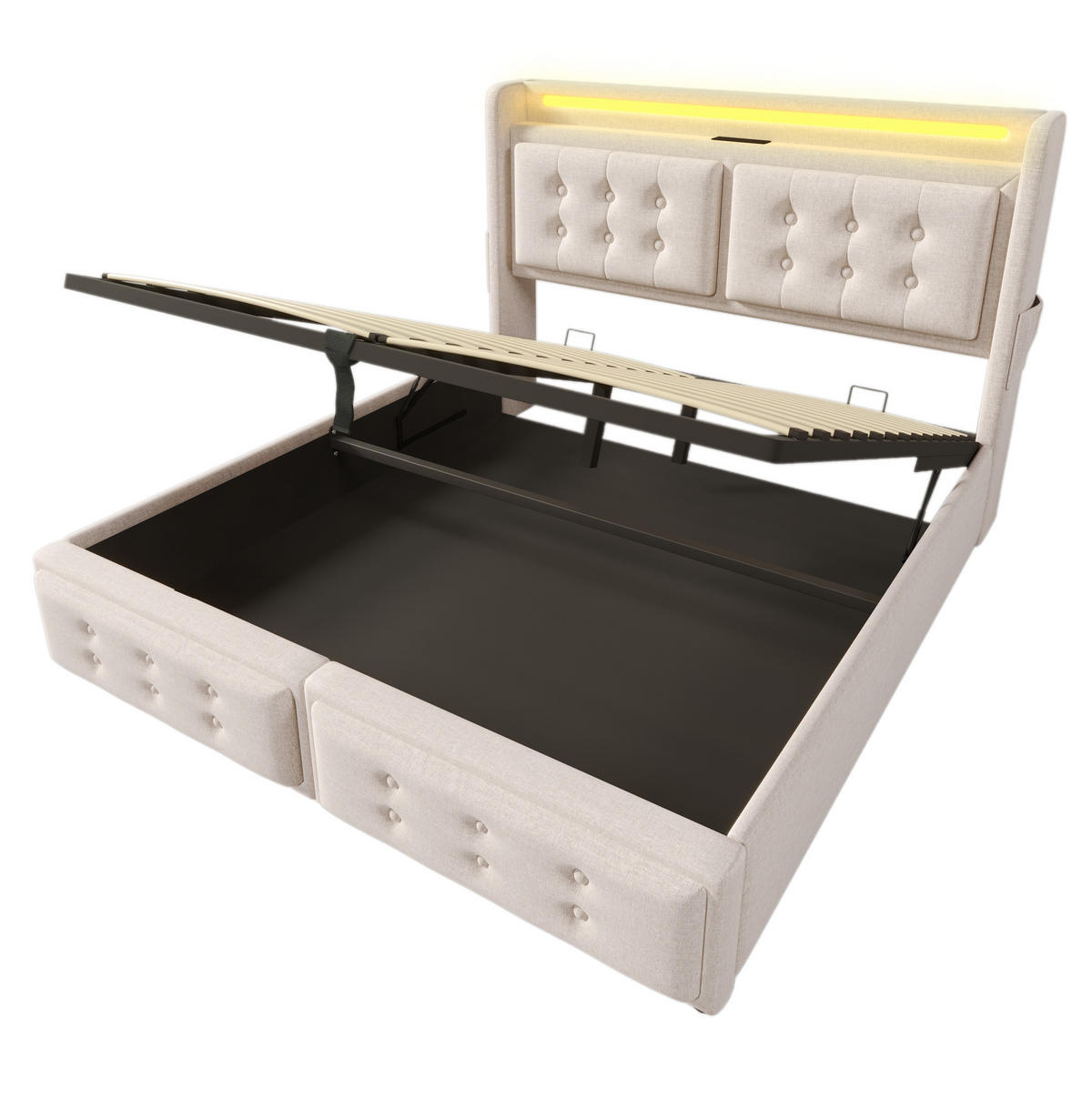 POLSTERBETT 140/200 cm Beige aus Baumwoll-Leinen mit LED-Beleuchtung und Ladefunktion - Beige, Textil (140/200cm) - OKMYHOME