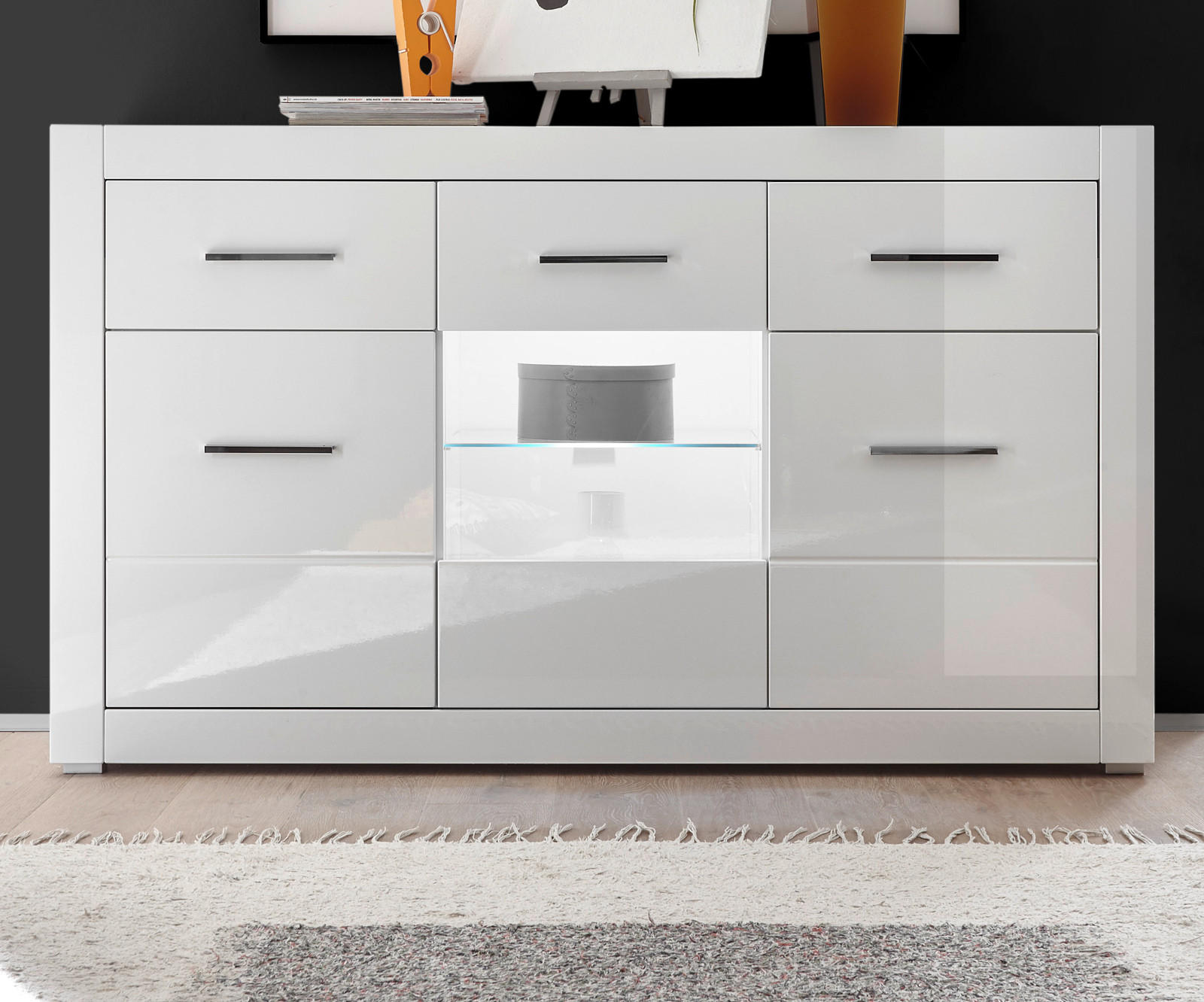SIDEBOARD weiß Hochglanz 164 cm, Kommode mit 6 Fächern - Chromfarben/Weiß Hochglanz, Glas/Holzwerkstoff (164/97/42cm) - Furn.Design