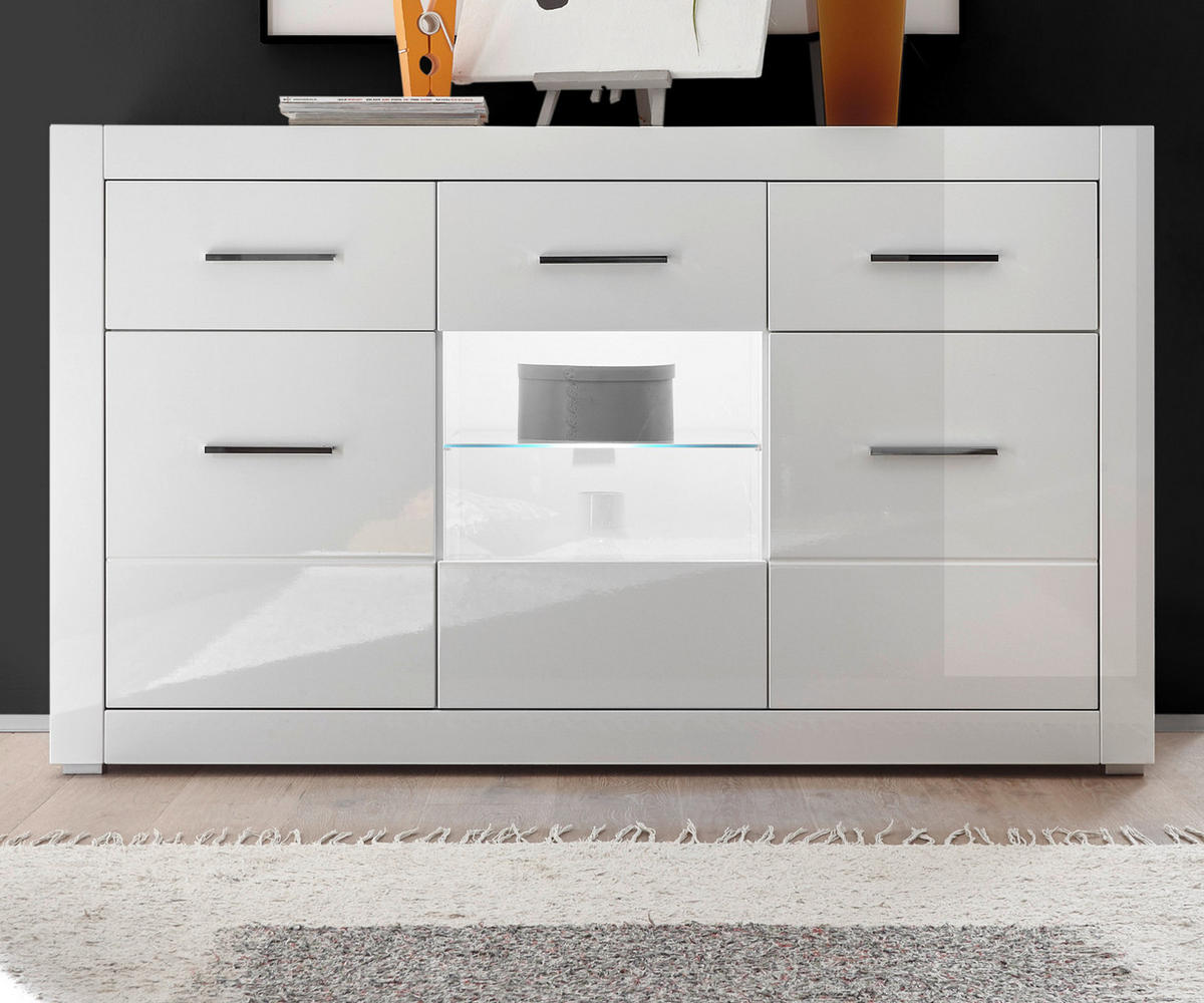 SIDEBOARD weiß Hochglanz 164 cm, Kommode mit 6 Fächern - Chromfarben/Weiß Hochglanz, Glas/Holzwerkstoff (164/97/42cm) - Furn.Design