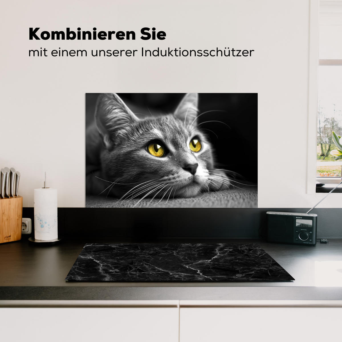 SPRITZSCHUTZ KÜCHE Katze - Grau - Tiere - Katze 70x50 cm - Grau, Metall (70/0.3/50cm) - MuchoWow