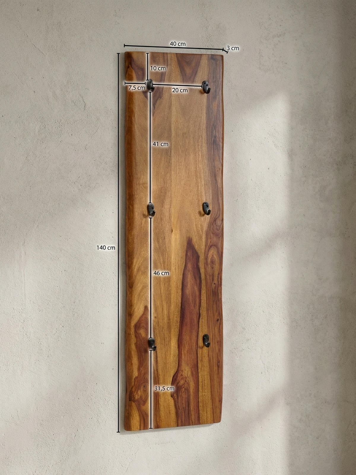 WANDGARDEROBE Massivholz Metall Modern mit Baumkante und 6 Haken - Braun, Holz (40/140/7cm) - KADIMA DESIGN
