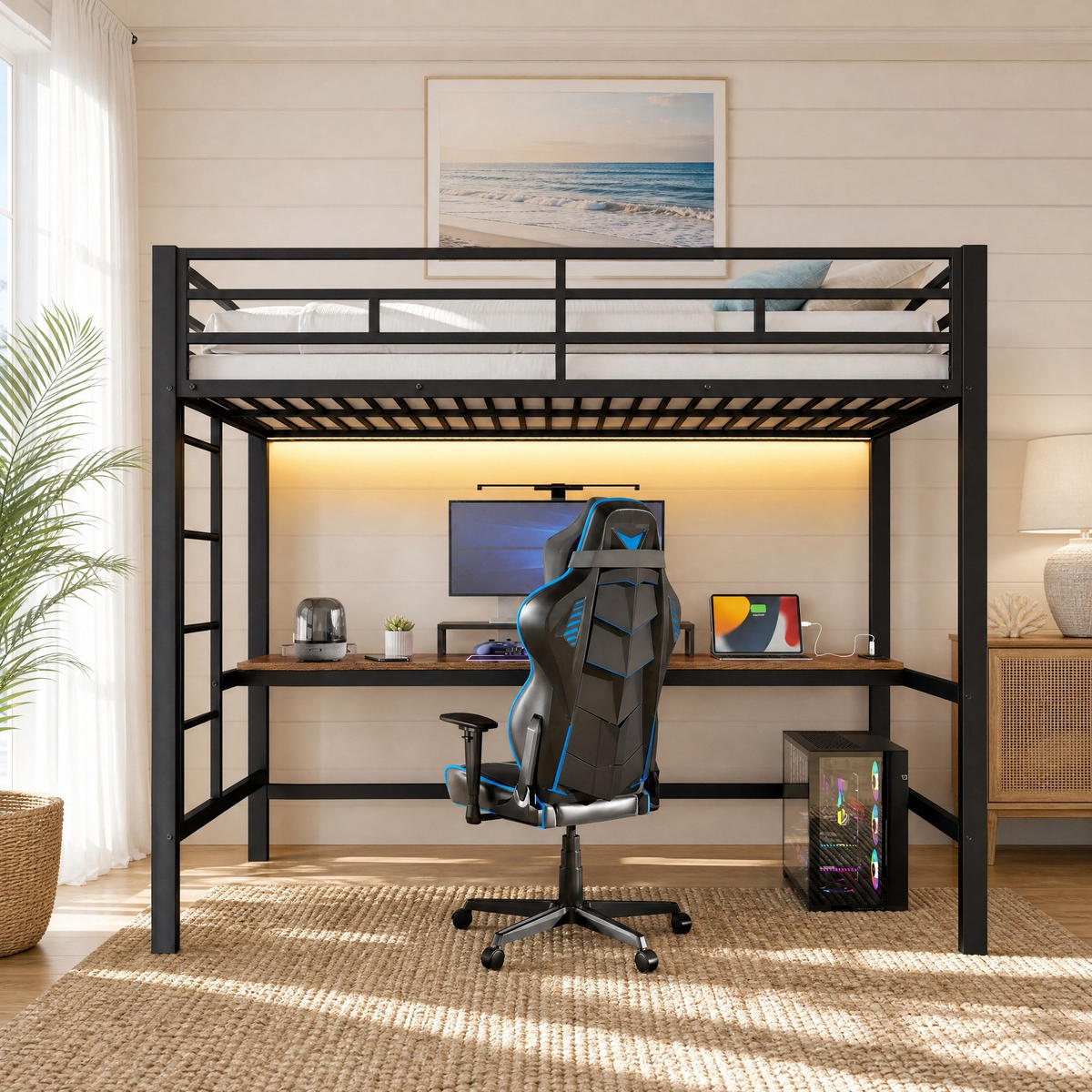 HOCHBETT 90/200 mit LED, Schreibtisch und USB/Type-C in Schwarz - Schwarz, Holzwerkstoff/Metall (90/200cm) - EVRYAE