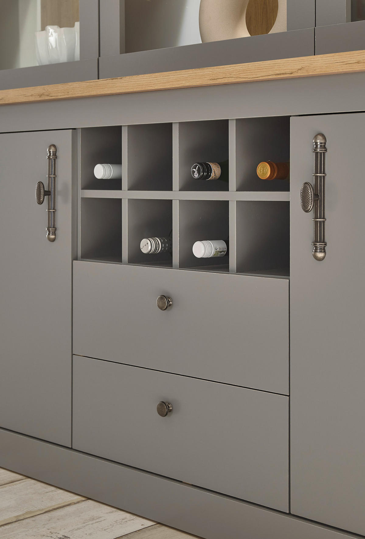 BUFFET grau, Artisan Eiche Landhaus 183 x 200 cm, Buffetschrank mit Weinregal - Silberfarben/Hellgrau, Glas/Holzwerkstoff (183/206/44cm) - Furn.Design