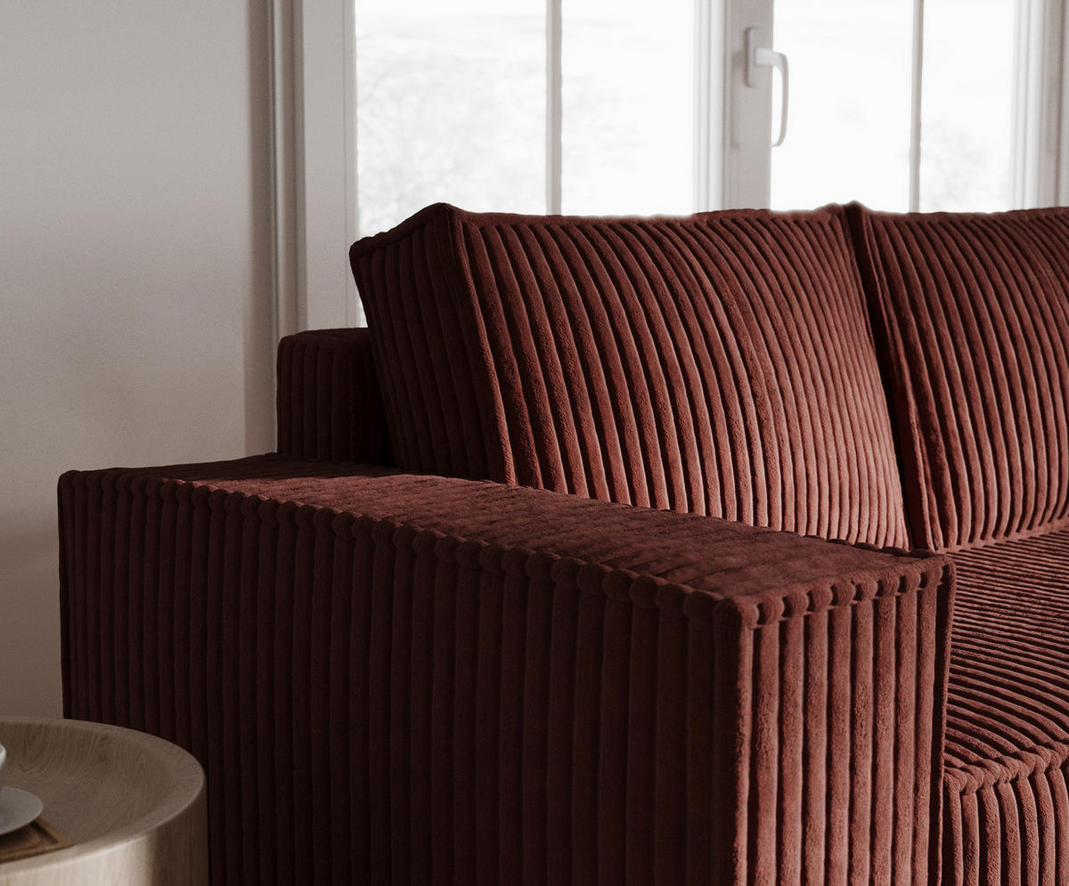 ECKSOFA Maze Ziegelfarbe Plüsch - Rechts Seite - Rostfarben/Schwarz, Holz/Holzwerkstoff (294/185cm) - Maison de Reve
