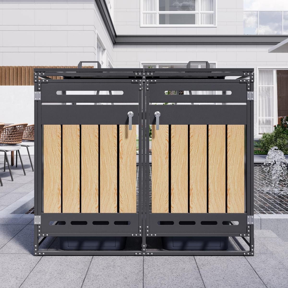 MÜLLTONNENBOX Hydraulik Deckel Holzoptik Schloss - Schwarz, Metall (131/116/79cm) - LEBENLANG