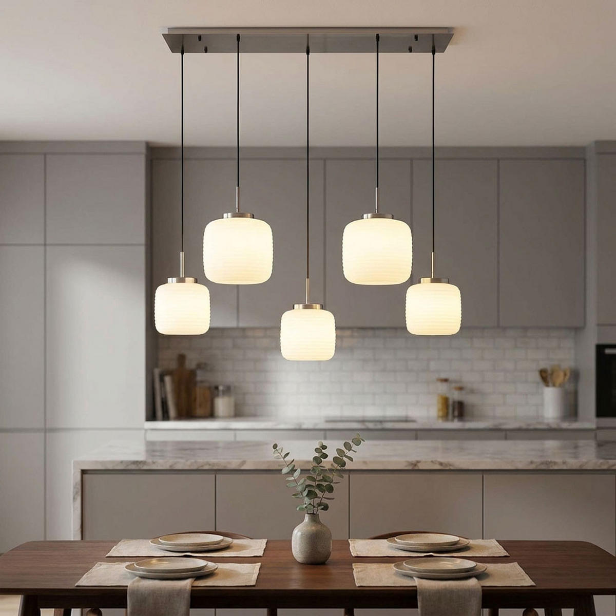 LED HÄNGELEUCHTE KLADORA Metall, Glas, Silber, 5-flammig - Silberfarben, Glas (106/38/130cm) - Globo Lighting