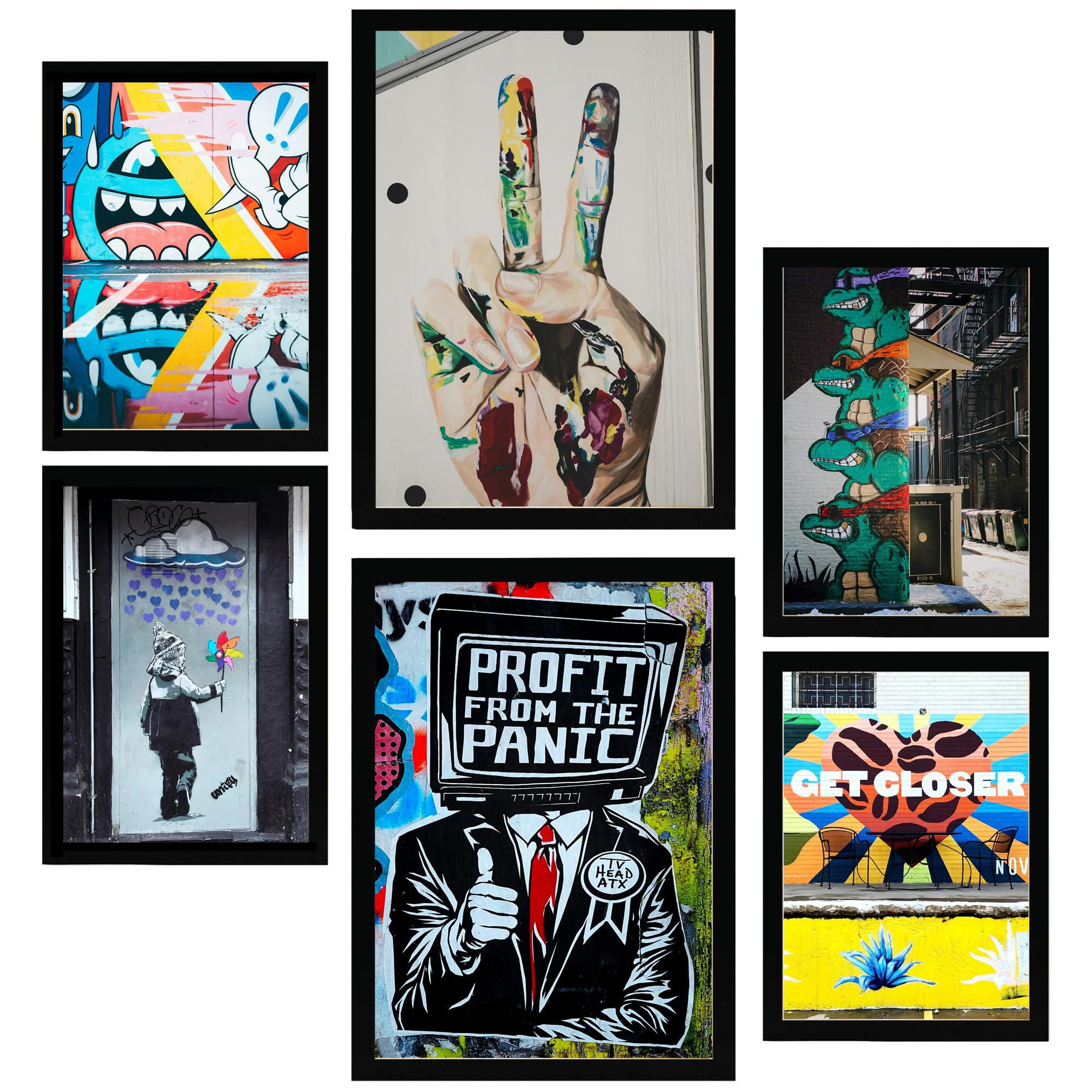 POSTER Set Mit 6 Graffiti Straßenkunst A3 & A4 Schwarzer Rahmen - Schwarz, Papier (29/3cm) - Nacnic