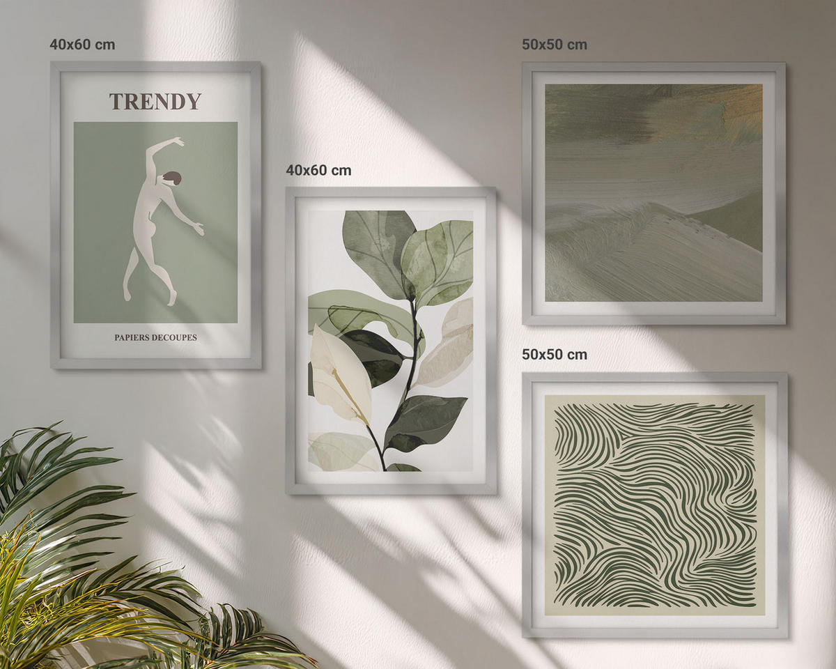 WANDBILDER 4er Set - 50x50 cm & 40x60 cm Silberner Rahmen - Abstrakte Pflanzenmuster - Silberfarben, Kunststoff (50/50cm) - ArtPrintCave