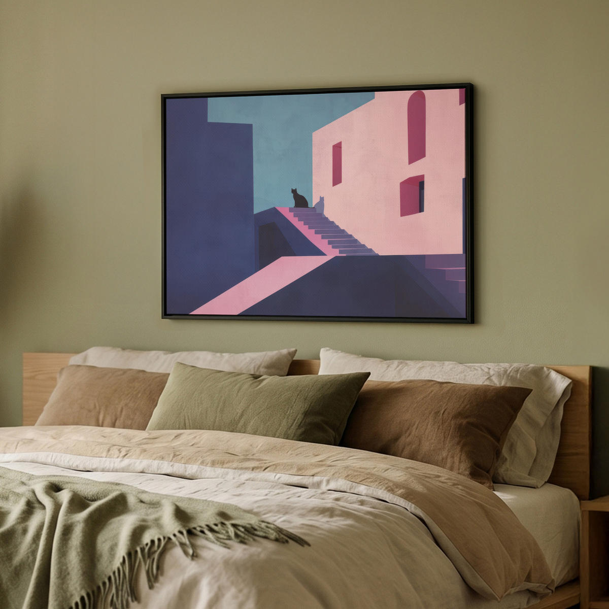 LEINWAND Bilder mit Rahmen - Katze - Treppe - Gebäude - Schattenkontraste - 70x50 - Dunkelblau, Textil (70/50cm) - MuchoWow
