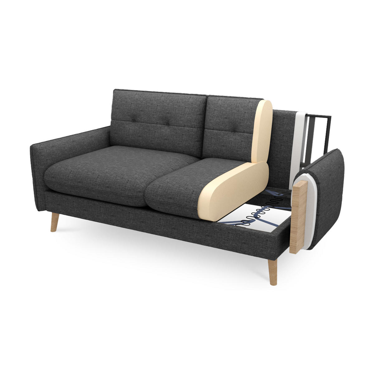3-SITZER-SOFA Chloé Skandinavisches aus dunkelgrauem Stoff - Dunkelgrau/Akaziefarben, Holz/Holzwerkstoff (210/92/82cm) - Sicaan