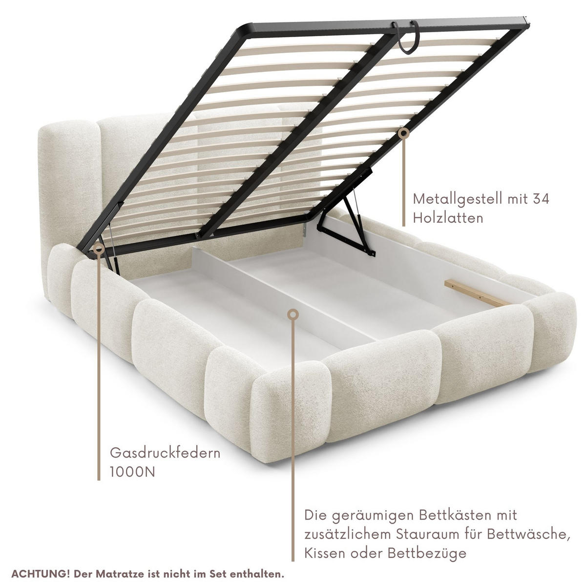 POLSTERBETT BLANCO mit Bettkasten, Bett 160x200, Doppelbett mit Stauraum und Lattenrost, ohne Matratze, Schlafzimmer - Weiß - Weiß, Holz/Textil (160/200cm) - Furnistar