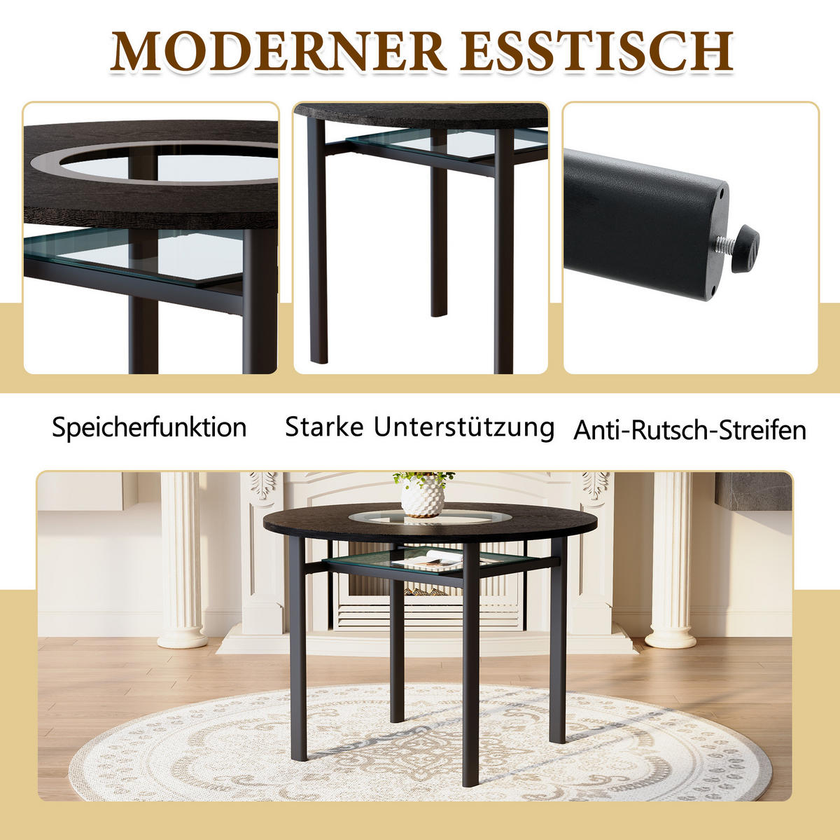 ESSTISCH-SET 100 cm Schwarz mit 4 Stühlen - Schwarz, Metall (100/76/100cm) - Meubliv