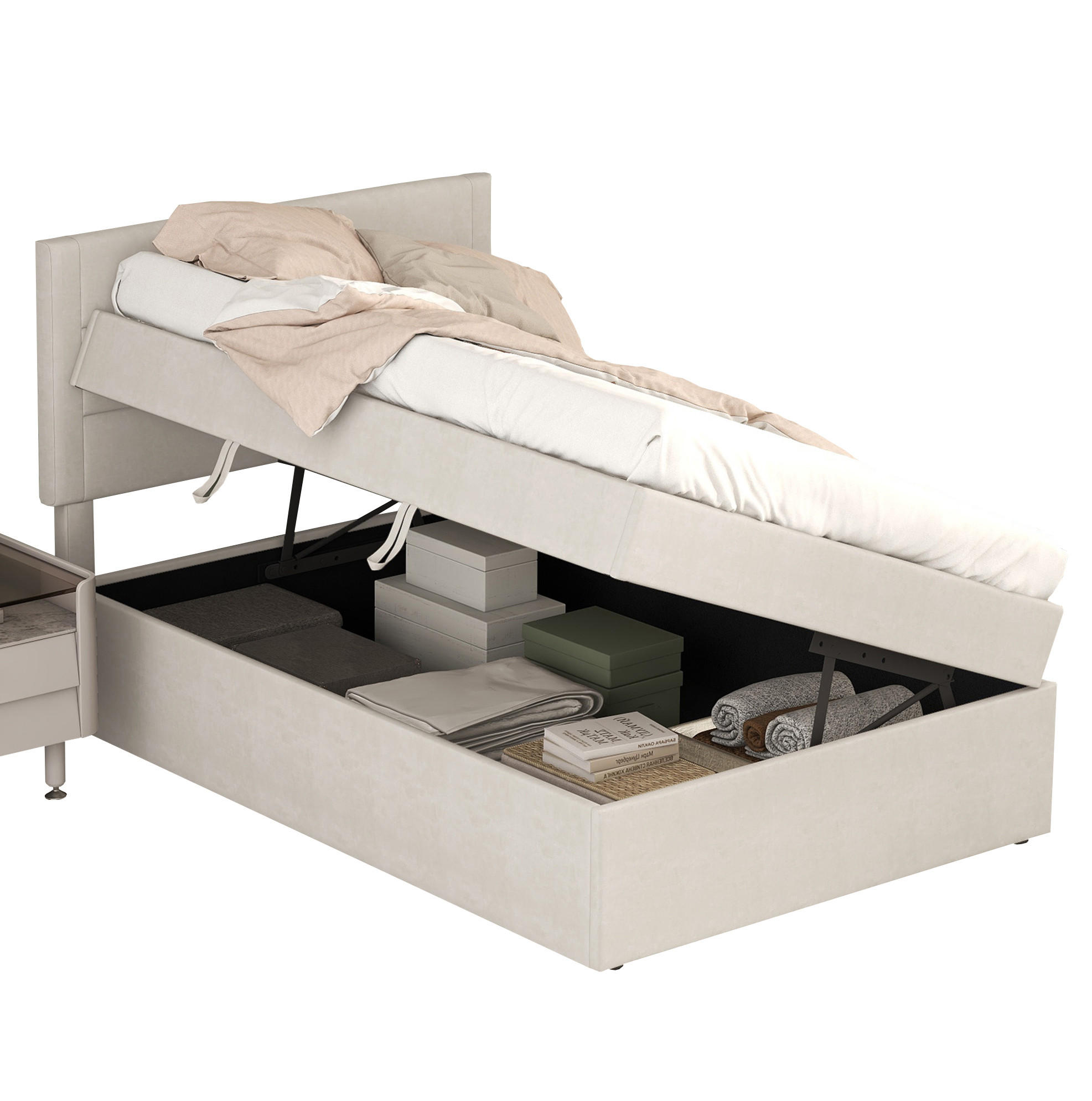 POLSTERBETT aus Leinen und MDF 90x200 cm Beige mit Lattenrost und Stauraum unter dem Bett - Beige, Holzwerkstoff (90/200cm) - Modfu