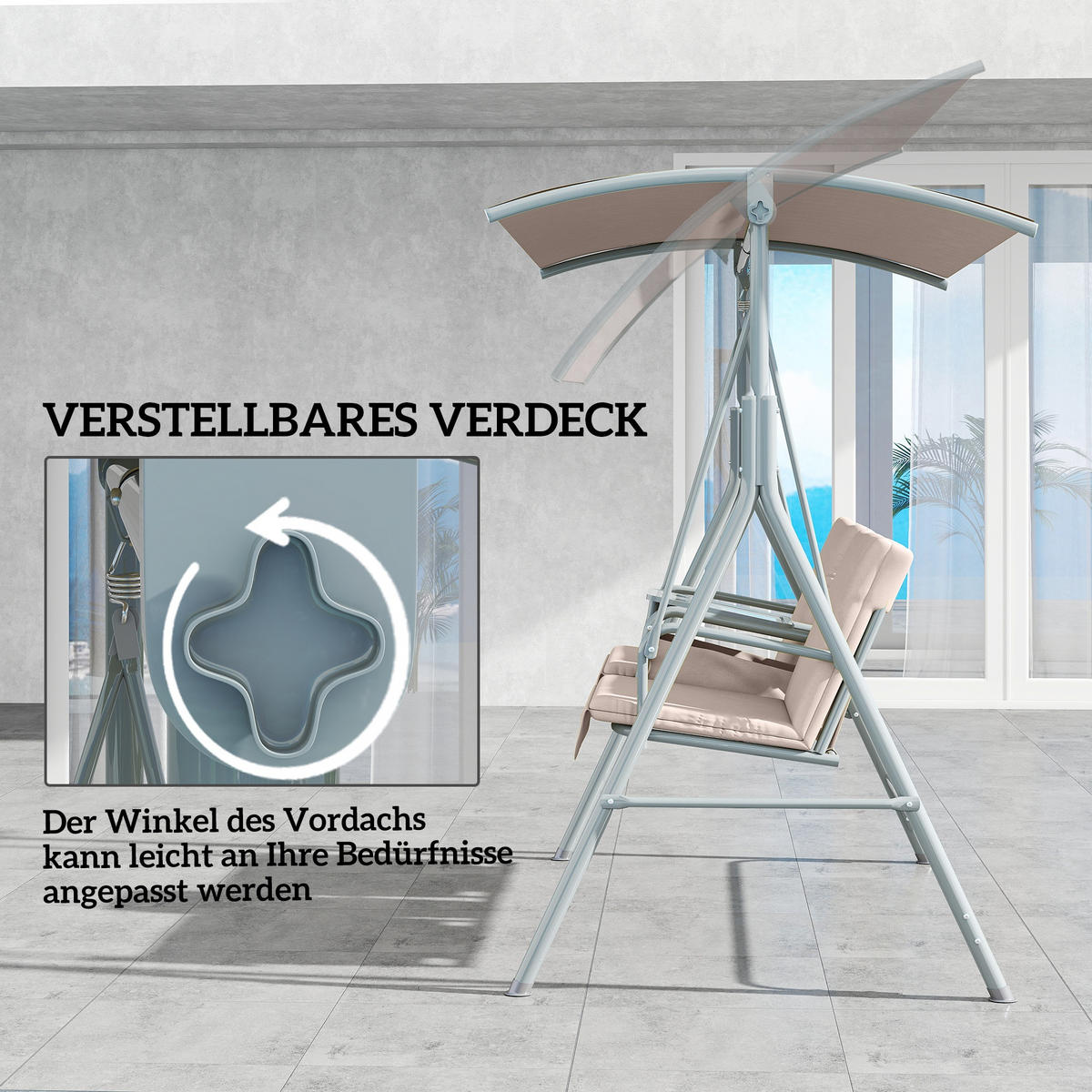 HOLLYWOODSCHAUKEL DE-07099 2-Sitzer, verstellbares Sonnendach, bis 180 kg Beige - Beige, Metall (175/158/112cm) - ComfortXL