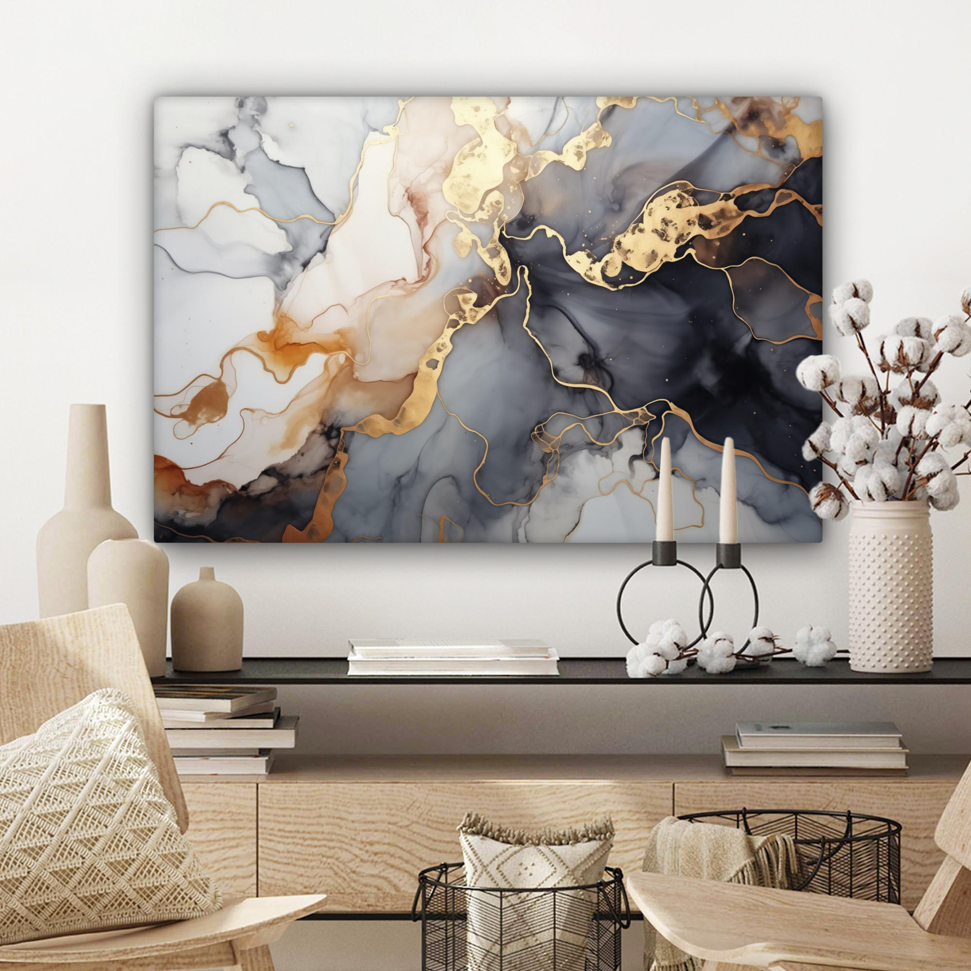 LEINWANDBILD Marmor - Schwarz - Gold - Weiß Wanddeko 90x60 cm - Dunkelgrau, Textil (90/60cm) - MuchoWow