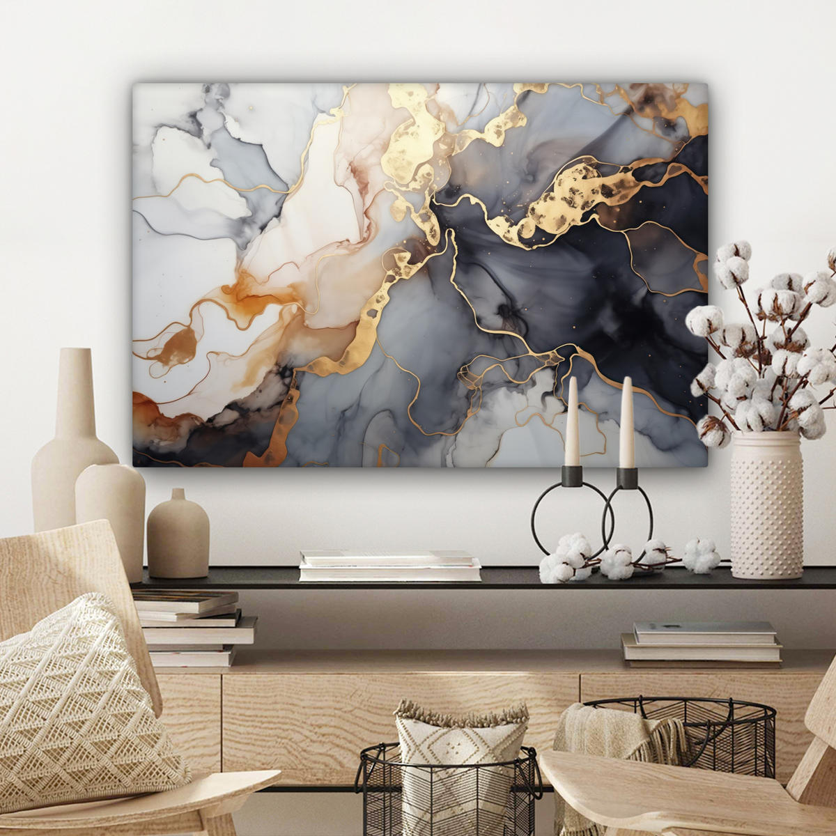 LEINWANDBILD Marmor - Schwarz - Gold - Weiß Gemälde 60x40 cm - Dunkelgrau, Textil (60/40cm) - MuchoWow