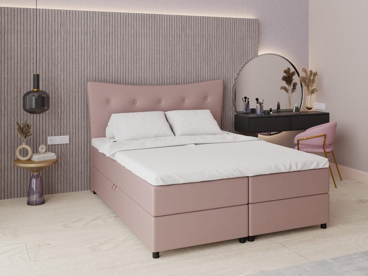 BOXBETT Nevada 160 x 200 cm Doppelbett mit hochwertiger Bonell-Matratze und Topper - rosa - Rosa, Holz (160/200cm) - Panda Möbel