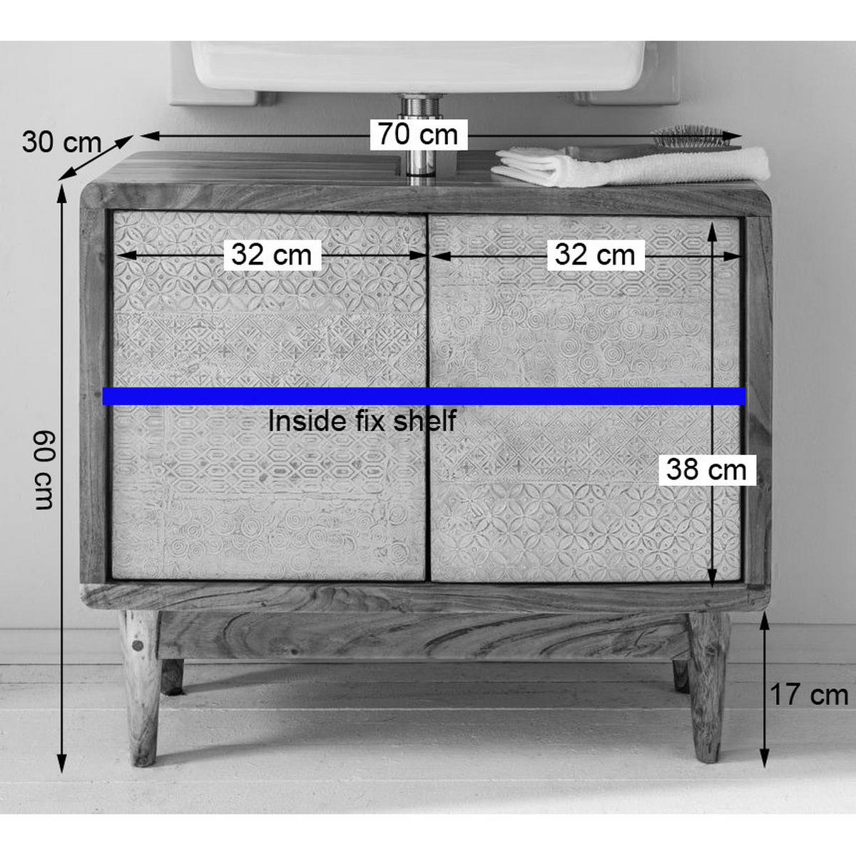 WASCHBECKENUNTERSCHRANK - Akazie massiv, Ecru / Akazie - Akaziefarben, Holz/Metall (70/60/30cm) - home24