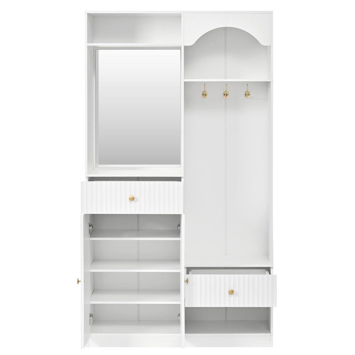 KOMPAKTGARDEROBE Spiegel Schuhschrank Sitzbank Haken LED - Weiß, Holzwerkstoff (100/180/35cm) - FLIEKS