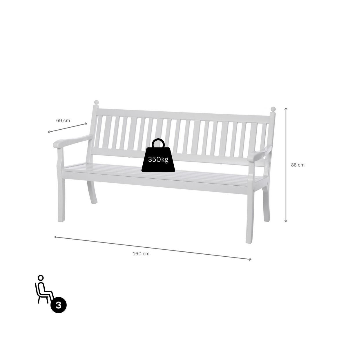 GARTENBANK Aruba 3 Sitzer Weiß 88 x 160 x 69 cm Witterungskunststoff & UV Beständiger Kunststoff - Weiß, Kunststoff (160/88/69cm) - PROREGAL