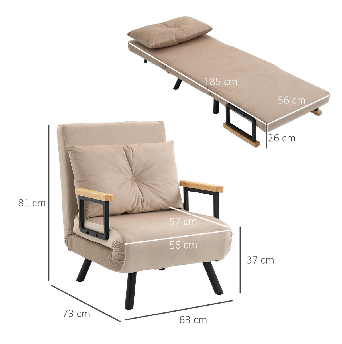 KŘESLO na spaní 63/73/81 cm béžové, polyester, s polohovatelnou opěrkou - béžová, textil (73/81/63cm) - BEAOK