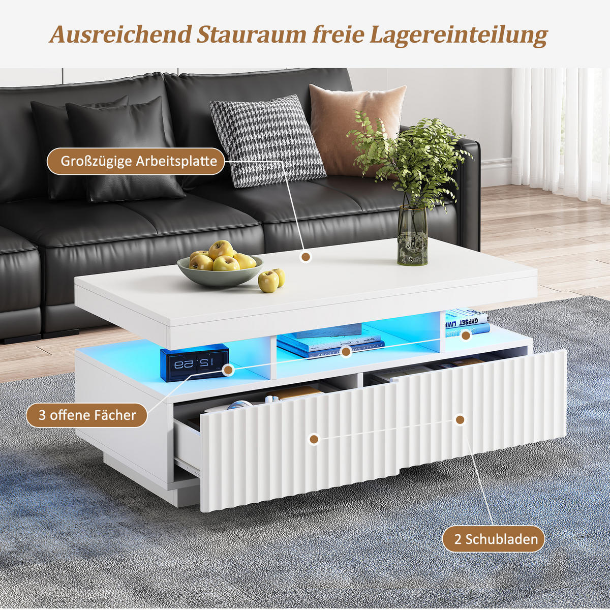 COUCHTISCH LED Weiß 2 Schubladen 100x50x45cm Vakuum Teetisch - Weiß, Holzwerkstoff (100/50/45cm) - FLIEKS