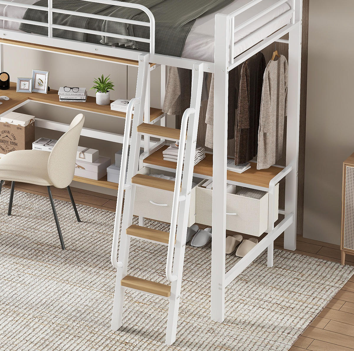 HOCHBETT 90/200 cm aus Eisen und MDF mit Schreibtisch und Aufbewahrungsregal Weiß/Natur - Weiß, Metall (90/200cm) - Modenvie