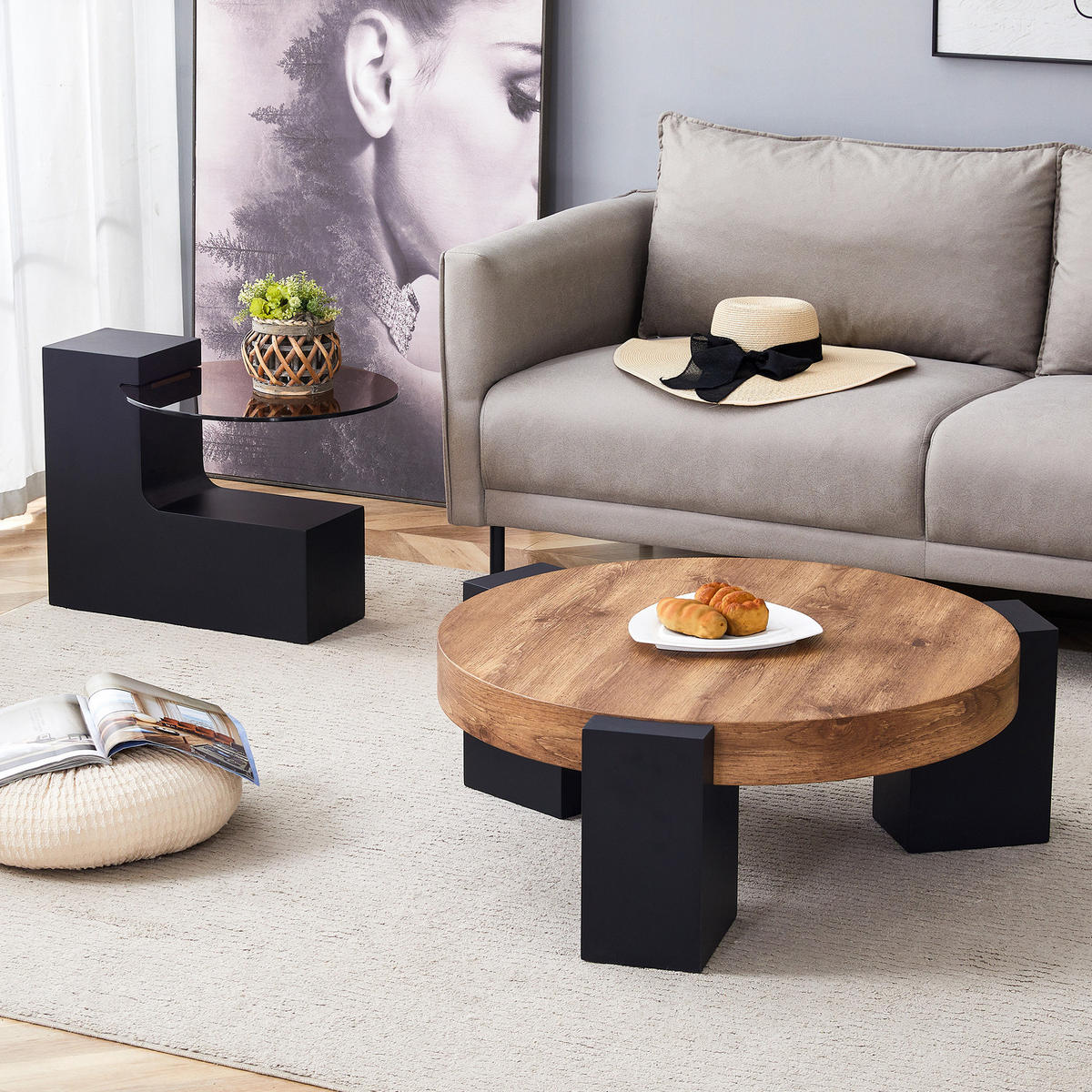 COUCHTISCH-SET rund 61/61/30 cm Schwarz Holzoptik mit Glasplatte und Ablage - Schwarz, Holzwerkstoff (61/61/30cm) - OKWISH