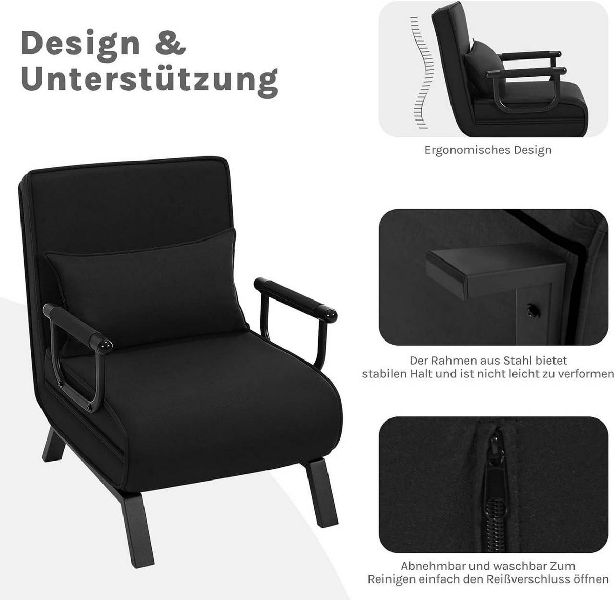 SCHLAFSESSEL 3 in 1, mit Verstellbarer Rückenlehne, Leinen Schwarz - Schwarz, Textil/Metall (65/78/75cm) - Woltu