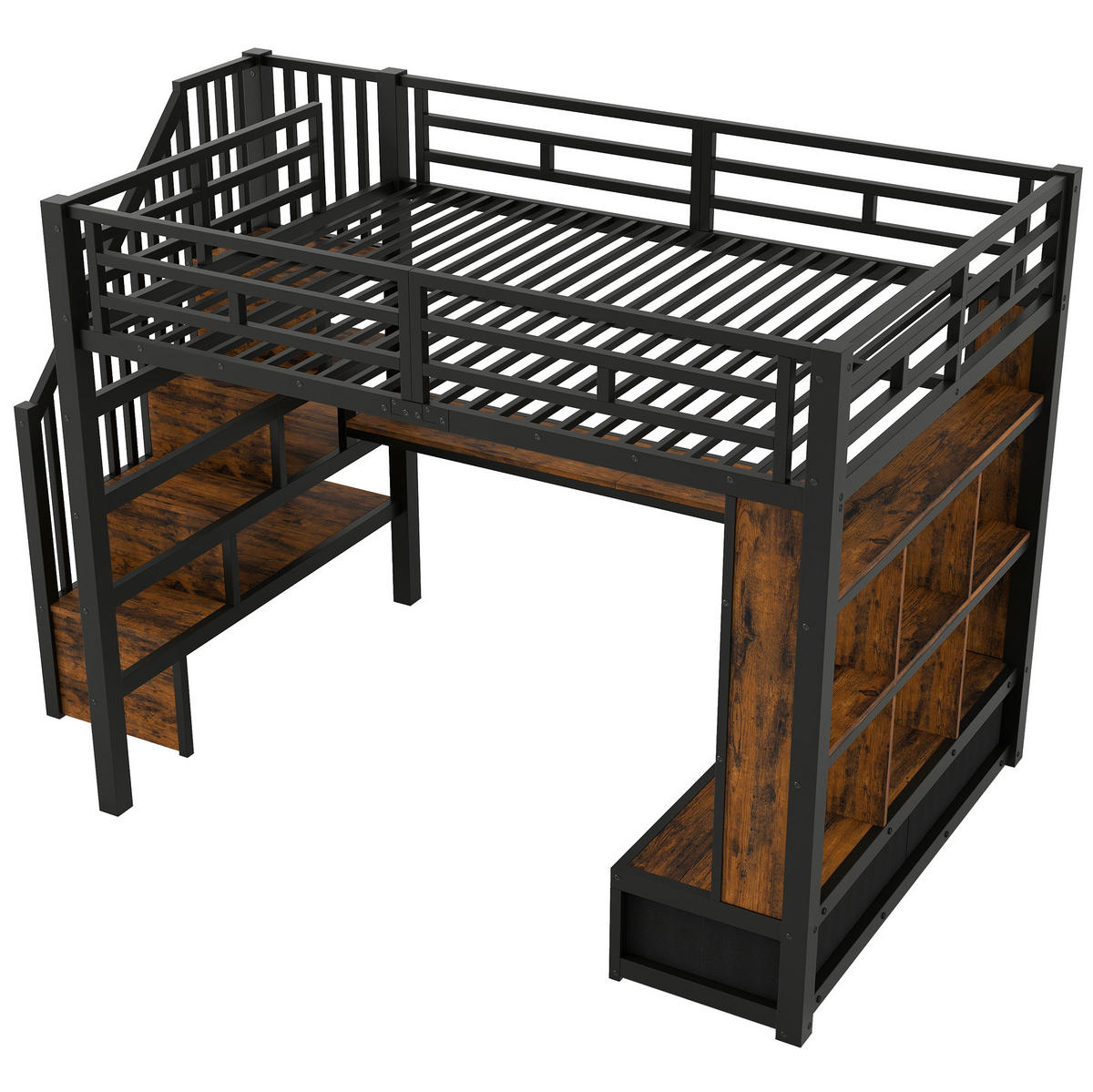 HOCHBETT 140x200 cm in Schwarz mit Schreibtisch, Stauraumtreppe und LED-Beleuchtung - Schwarz, Holzwerkstoff (140/200cm) - IVMEU