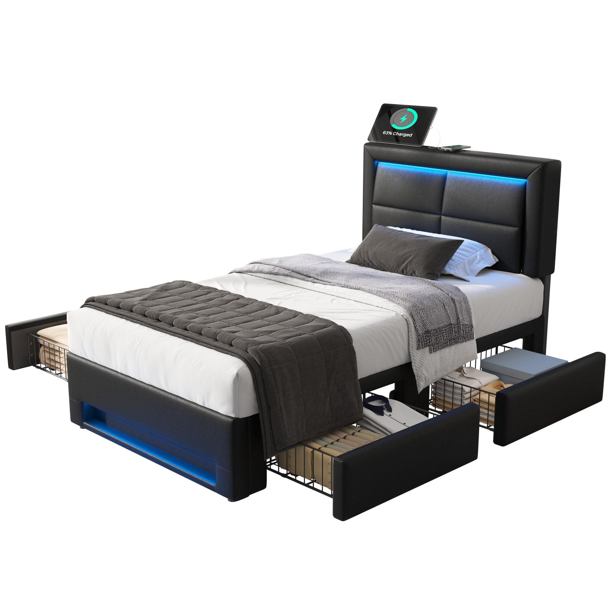 POLSTERBETT mit USB, LED und 4 Schubladen 90x200 cm PU Schwarz - Schwarz, Metall (90/200cm) - Meubliv