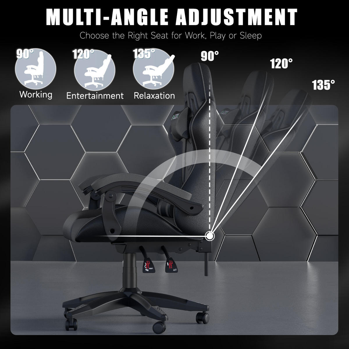 GAMINGSTUHL Schwarz-Grau ergonomisch Kunstleder verstellbar - Grau, Leder (29/59/79cm) - Rattrix