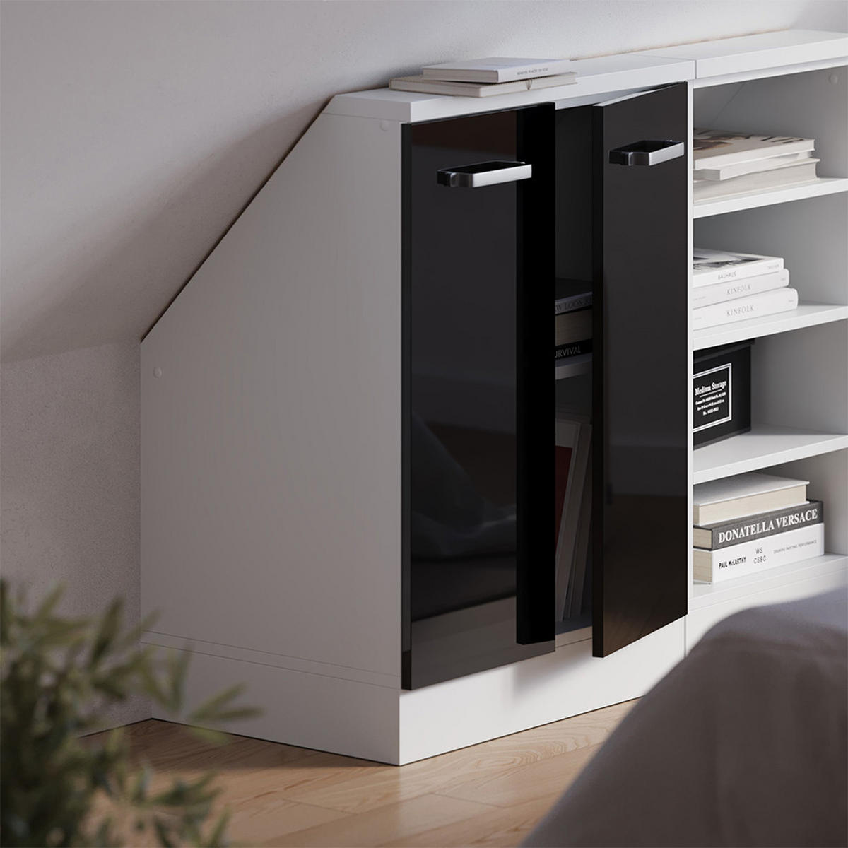 DACHSCHRÄGENSCHRANK Rion Schwarz Hochglanz mit 2 Türen - Schwarz Hochglanz, Holzwerkstoff (60/81.6/46cm) - Vicco