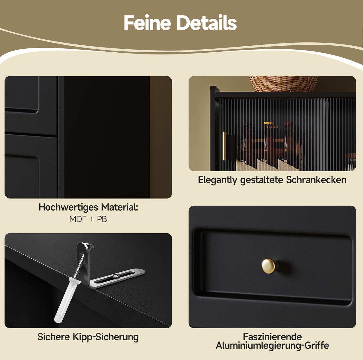 ANRICHTE Küchenschrank 120/35/167 cm aus MDF und Holzwerkstoff mit LED-Beleuchtung Schwarz - Schwarz, Holzwerkstoff (120/167/35cm) - Modenvie