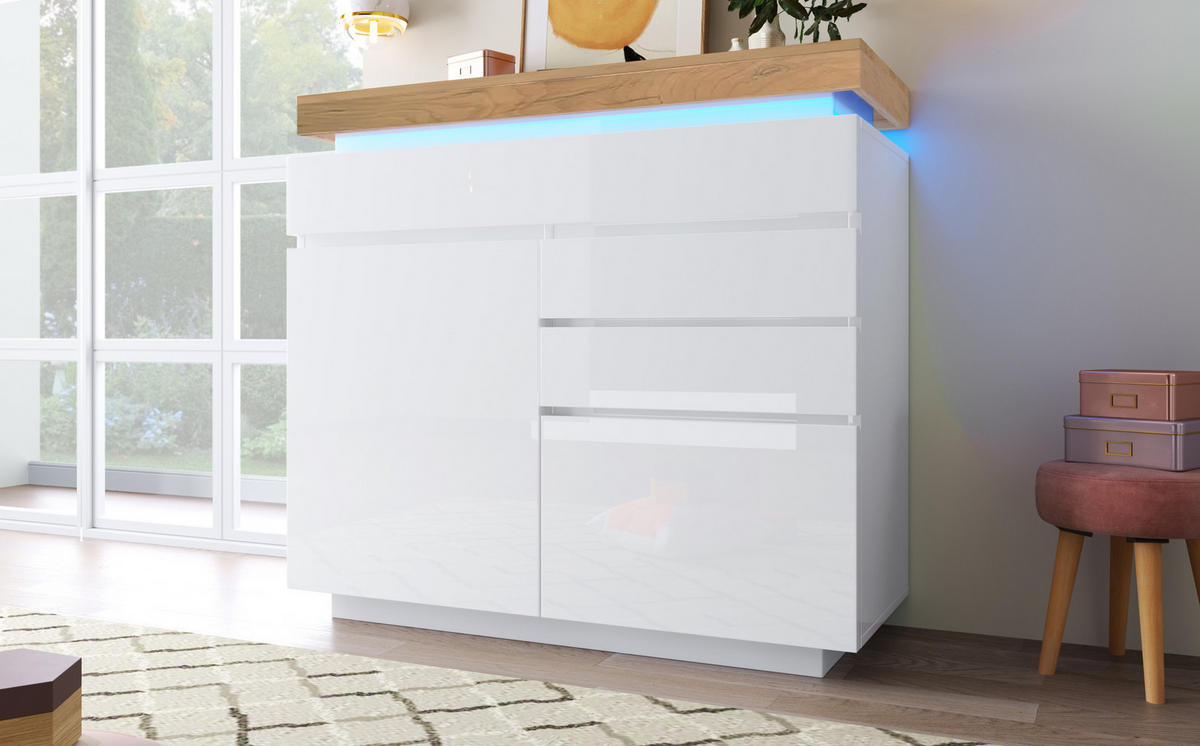 KOMMODE, Hochglanz, 3 Schubladen & 2 Türen, LED-App-Steuerung, 110x39x115 cm, Weiß - Weiß, Holzwerkstoff (39/115/110cm) - Modfu