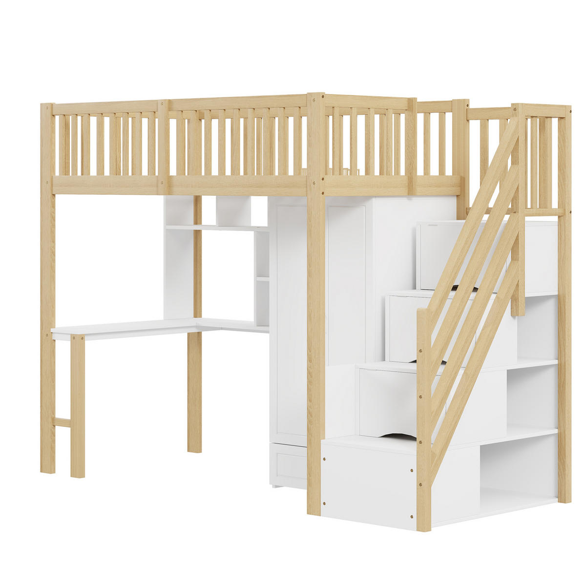 HOCHBETT 90/200 cm mit Kleiderschrank, Schreibtisch und Stauraumtreppe - Naturfarben, Holz (90/200cm) - Flora Grace