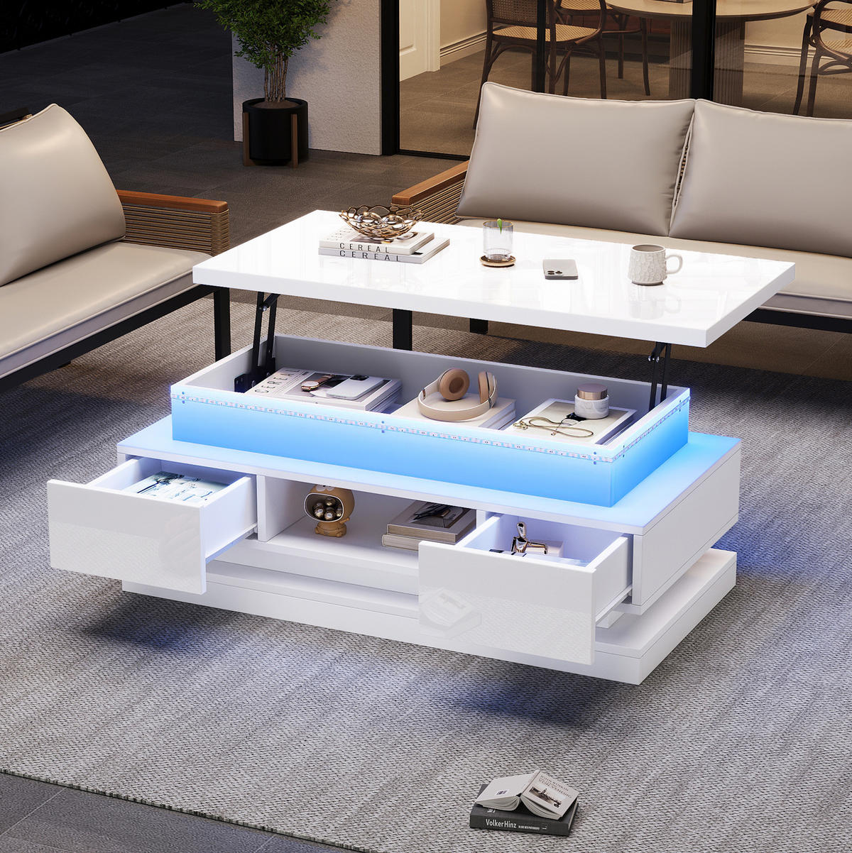 KONFERENČNÝ stolík z drevotriesky, 100/50/40 cm biely, výškovo nastaviteľný s LED - biela, kompozitné drevo (100/50/40cm) - BEAOK