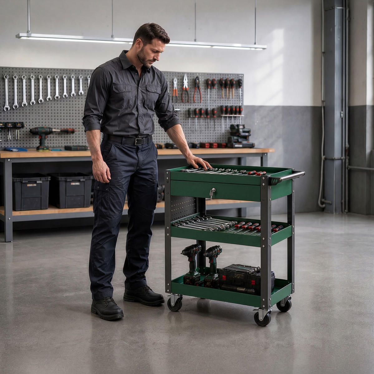 WERKSTATT-WERKZEUGWAGEN FRED 80x80x38 cm - Grün, Metall (80/80/38cm)