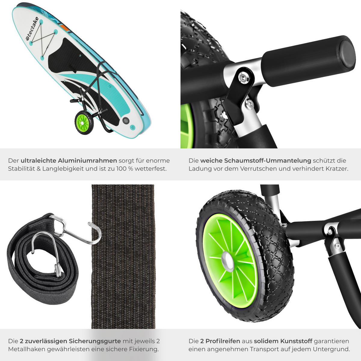 SURFBOARD TRANSPORTWAGEN Wavewheel,inkl. 2 Sicherungsgurte, 62 x 53 x 49 cm,schwarz/grün - Schwarz/Grün, Metall (53/62/0.49cm) - tectake
